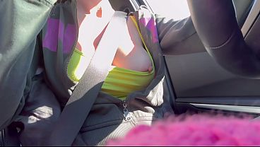 Italian big tits Milf Artemisia Love solo driving session flashing juicy nipples