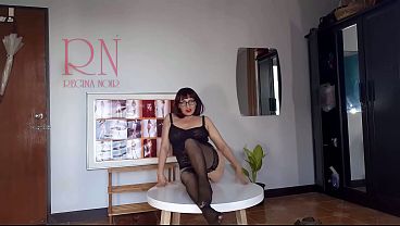 Black stockings and high heels. Depraved secretary in black bodysuit.